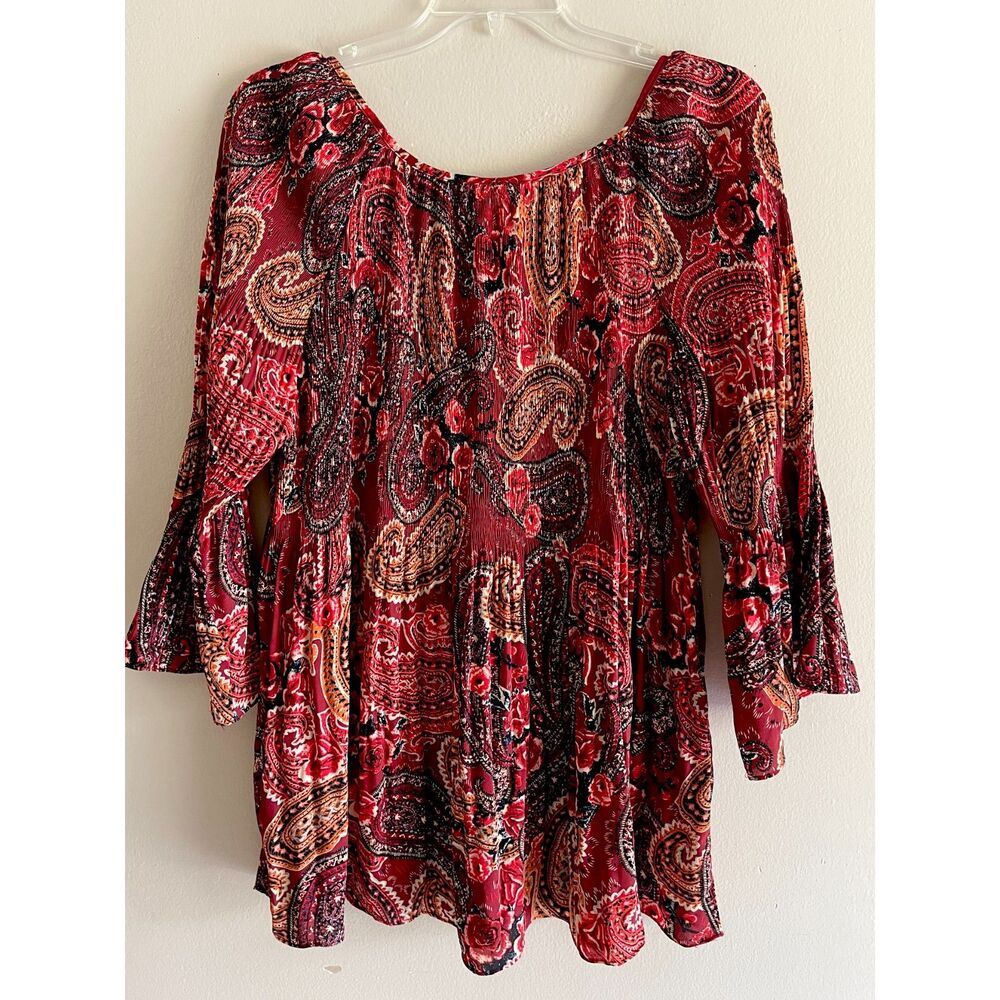 Avenue Red Colorful Boho Top Plus Size 22 24 Pleated Paisley Bell Sleeves - Picture 7 of 10